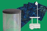 Clockwise from left: Drum Stool by RAD, Amami Linen Napkins With Seaweed Decoration by Artemest, and Jolly Trolley Portable Lighted Bar Cart by Lightology.