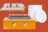 Clockwise from left: Embrace Outdoor Lounge Sofa by EOOS, Carl Hansen &amp; Søn; Asti Ice Bucket by Heller, and 36” Rockwell Grill by True Residential.