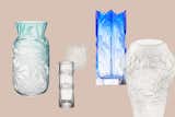From left: Tattooed Vase by Elis Monsport, Born Broken Large Vase by Lasvit, FM312 Glass Vessel by Attitude Inc. from Cibone O’Te, Irises Vase by Moser, and Caldera Vase by Lalique.