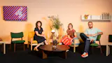 Gallow sits with the founders of Fruitsuper. 