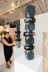 These simple monuments of stone and blown glass from Rome-born, New York–based artist Edoard Cozzani are his version of spolia, a practice where old architectural or decorative elements are incorporated into new builds. Cozzani uses chunks of timeworn stone interspersed with glass vessels to create these pillars, which are structurally reinforced with a metal rod, so that each glass element screws securely into the stone beneath.