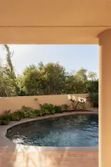 The heated pool is filled with saltwater, as opposed to the typical chlorine.