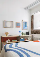 In the bedroom, the bed cover is from Bongustan. Art, from left to right, by: Jaakko Mattila, Jaakko Uljas, Milja Havas.