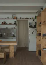 The kitchen features more built-ins that maximize storage space in the small unit, which is a little more than 300 square feet.