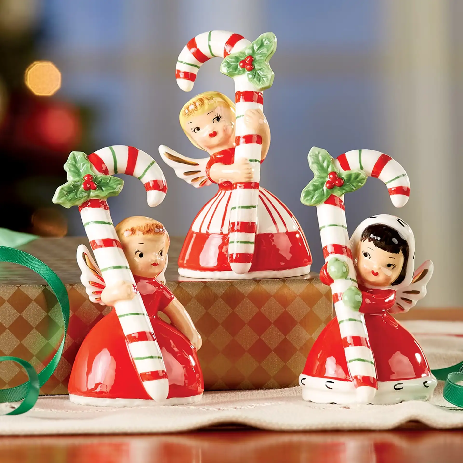 Ceramic Candy Cane Girl Angel Trio
