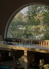 The kitchen is positioned for a view of the river.