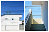 Shin Shin designed a 715-square-foot ADU in Westwood that responds architecturally to the overhead power lines. The roof is contoured by the lines, and a stair frames them. The blue fascia color was chosen to match the sky, creating an illusion of greater distance between the lines and the roof.