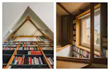A library occupies the ground floor of the extension. The shelves ascend through a cutout to the second floor. The entire wall unit was designed by Anna and Eugeni Bach.