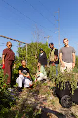 The creation of the Garden of the 21st Century in New Orleans has been a group project. From left to right: Natalie Manning, former operations manager at the Center for Sustainability and Development (CSED), and current volunteer; Brooklyn Clinton, volunteer; Bonnie-Kate Walker, cofounder, Office of Living Things; Arthur Johnson, chief executive officer, CSED; Rollin Black, director of coastal and habitat restoration, CSED; and Arlo Townsley, former coastal restoration coordinator, CSED, and current volunteer.