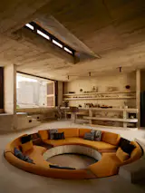 The throw pillows are from Casa Textil Arte Zapoteco. The Bertoia stools are from Knoll. The clay vases on the built-in shelving are by Perla Valtierra, and the sculptures from Artefakto.
