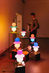 Colorful lamps by Michał Korchowiec in a basement room at the Baggio Military Hospital had colorful components that could be removed or swapped to alter the glow.