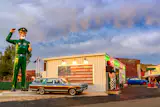 This sculpture of Big A, a Texaco Big Friend Muffler Man, is located at Gearhead Curios, a restored gas station that’s now a tourist attraction in Galena, Kansas. It’s named and modeled after owner Aaron Perry and was completed in 2024.