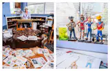 The figurines on his desk of Cowboy Bob, Stella Atom, Rosie the Riveter, and Buck Atom are miniatures of figures he made for Buck Atom’s Cosmic Curios on Route 66, a tourist attraction owned by Mary Beth Babcock that opened in 2018.