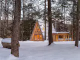 An artist and an engineer built this tiny A-frame cabin with local materials, custom built-ins, and lots of windows.