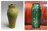 Left, a Lorelei Vase, made in Colorado Springs, Colorado in 1902, by The Van Briggle Pottery Company; right, green matte glaze is super common for a slew of Arts and Crafts period ceramics but this one at the hotel looks pretty close to Van Briggle.
