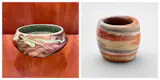 Left, no idea who made this but I am a little bit delighted to see fake Niloak; right, a small cup from the early 1900s by Niloak Pottery.