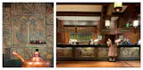 Left, original tiles by Ernest Batchelder and friend Maria Tappe decorate a wall in the kitchen of his one-time residence. Right, the front desk at the Grand Californian.