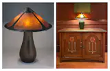 Left, a Dirk Van Erp. Lamp, circa 1912 to 1915. Right, the lobby furniture at the Grand Californian.