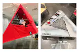 With a mattress inside, British American Camping’s above-ground tripod tent is more comfortable than most. The table at right is by designer Ben Huggins.  Photo 2 of 10 in Crawling Into a Tent Wasn’t the Only Memorable Moment from ICFF 2026