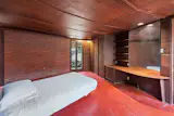 The concrete floors are scored, producing a tile-like effect.