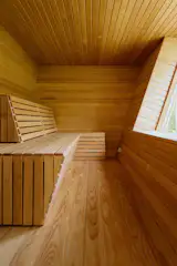 The sauna can hold up to 10 people, says Marius, and can be converted into a bedroom or office as needed.