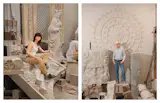 Left: Cassandra Stilley sits atop her Courier Square installation. Right: Architectural stone senior Davis Cowling poses among student-crafted architectural details.