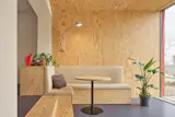 The addition primarily consists of a new living room with built-in seating. The custom sofa, also in pine plywood, includes pull out drawers.