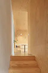 Steps lead from the entrance into the addition. The walls throughout are clad in pine plywood, “a material we genuinely like,” says architect Matej Nepustil, from Facha Architekti. “It has a lively, expressive grain, and its large sheet format makes it particularly suitable for covering broad surfaces.”