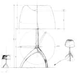 Sketches of the Lumiere lamp, originally designed by Dordoni for Foscarini in 1990, show the light's signature tripod base. The product helped put the Italian company on the map.