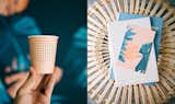 Shown here is a few of the details dreamed up by OMFGCO, including the custom paper cups served at the coffee shop and the monstera pattern they created for the project.