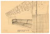 Drawing by Alvar Aalto of his 1937 restaurant in Helsinki, Restaurant Savoy, which he created alongside his wife, Aino Marsio-Aalto. The walls and ceiling are covered in birch veneer; the pair designed all of the furnishings and many of the table pieces. 