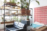 Shed & Studio and Storage Space Room Type A platform bed is tucked behind a small living nook with a sofa and projector.  Photo 5 of 5 in Huy Bui’s Brooklyn Loft Is Like a
Self-Contained Jungle