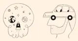 Illustrations by Christopher DeLorenzo for Dwell's Smart Cities package, July/Aug 2016. Left, colonizing Mars to prolong human civilization; right, preparing for self-driving cars