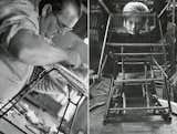 Factory worker assembling the base and frame of a Bertoia Side Chair. Image from the Knoll Archive.