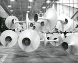 Pedestal bases awaiting marble tops for assembly, 1963. Photograph from the Knoll Archive.