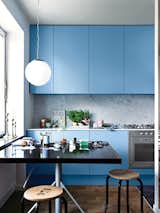 A compact stove and oven are hidden within the blue cabinetry.&nbsp;