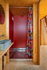 Budget-friendly material like Oriented Strand Board can be used throughout a small bathroom, and a pop of color can add personality.&nbsp;
