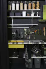The countertops are a composite of recycled stone.