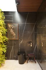 The black toilet is nearly camouflaged against the marble-clad walls, while art and greenery stand out.