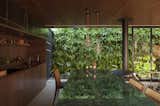 Sliding glass walls pocket into the exterior of the home, allowing the living space to be completely open to the lush vertical garden outside.