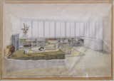 Neutra’s original sketch depicts the home’s living room.