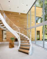 The organic curve of the staircase borrows its form from nature—one of several biophilic design moves that increases resonance with the natural environment.