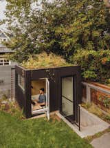 A backyard office with living roof was added midway through the remodel, in response to existing jobs becoming permanently remote. The 50-square-foot shed is bunkered into the ground, intimately immersing the work area into the landscape. A casement window is placed strategically at grade—providing fresh air and connective views of the backyard’s natural greenery.