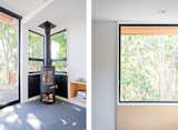 Wood-burning fireplace at Living Room (L); Window casing detail (R)