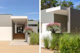 Covered breezeway entry with bleached cedar slat wall, poured-in-place concrete pavers, and ipe decking.