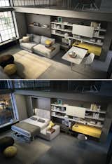 The Tango Sofa is a vertically opening queen size wall bed system or “Murphy bed” available in three sofa options: 3-seat sofa, 4-seat sofa, and sectional. The Tango Sofa features sliding seats, offering both formal and lounging depths.  A flip-up armrest on the sectional chaise creates a backrest for reclining.  Matching freestanding sofas and ottomans are available to complete the collection. 