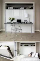 Adam Tavolo functions as a work space by day and transforms into a queen size bed at night. This unit features a desk that can be folded down when not in use and features additional upper storage for books and accessories.