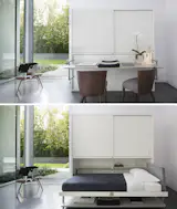 The Kali Ponte Board twin XL wall bed features a desk and concealed storage.  Items on the desk may stay in place even when the bed is folded down. 