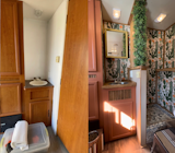 A before-and-after shot of the bathroom, where the couple chose more bolder surfaces
