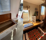 A before-and-after shot of the desk area transformed from an existing bench  Photo 8 of 17 in Budget Breakdown: A Woodworker Couple Make $10K Go the Distance Renovating a 2006 Camper